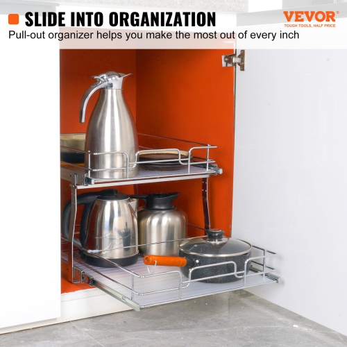 VEVOR 2 Tier 19"W x 20"D Pull Out Cabinet Organizer, Heavy Duty Slide Out Pantry Shelves, Chrome-Plated Steel Roll Out Drawers, Sliding Drawer