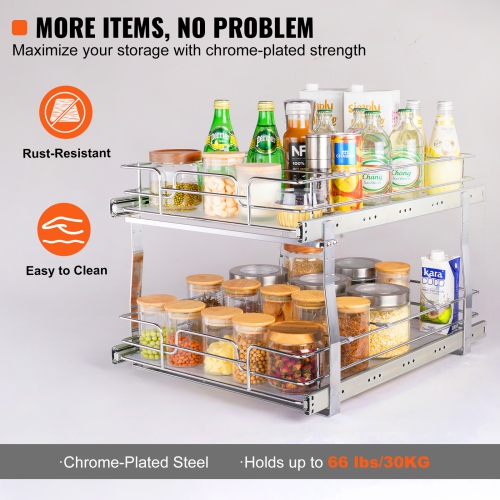 VEVOR 2 Tier 19"W x 20"D Pull Out Cabinet Organizer, Heavy Duty Slide Out Pantry Shelves, Chrome-Plated Steel Roll Out Drawers, Sliding Drawer