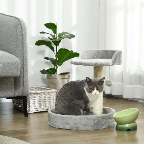 PawHut 17" Cat Tree, Small Cat Tower with Sisal Scratching Post, Bed, Dangling Ball, Kitten Activity Centre, Light Grey