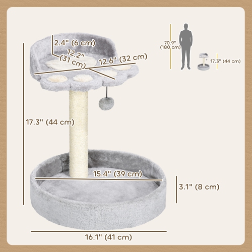 PawHut 17" Cat Tree, Small Cat Tower with Sisal Scratching Post, Bed, Dangling Ball, Kitten Activity Centre, Light Grey