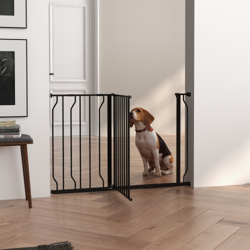 PawHut 30"- 45" Extra Wide Dog Gate with Door, Double Locking System, Easy Install Pet Gate for Stairs, Hallways, and Doorways, Black