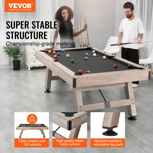 VEVOR 7 ft Pool Table,Adjust Legs Stable Billiards Table,Pool Table Set Includes Balls, Cues,Chalks and Brush, Wood Color with Black Cloth,Perfect