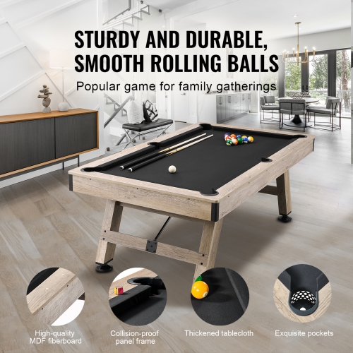 VEVOR 7 ft Pool Table,Adjust Legs Stable Billiards Table,Pool Table Set Includes Balls, Cues,Chalks and Brush, Wood Color with Black Cloth,Perfect