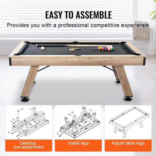 VEVOR 7 ft Pool Table,Adjust Legs Stable Billiards Table,Pool Table Set Includes Balls, Cues,Chalks and Brush, Wood Color with Black Cloth,Perfect