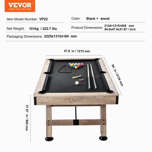 VEVOR 7 ft Pool Table,Adjust Legs Stable Billiards Table,Pool Table Set Includes Balls, Cues,Chalks and Brush, Wood Color with Black Cloth,Perfect