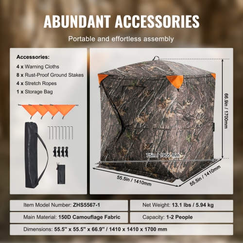 VEVOR 270° Hunting Blind, See Through Ground Blind, 1-2 Person Pop Up Deer Blind for Hunting with Bag, Resilient Hunting Tent, One-Way See-Through