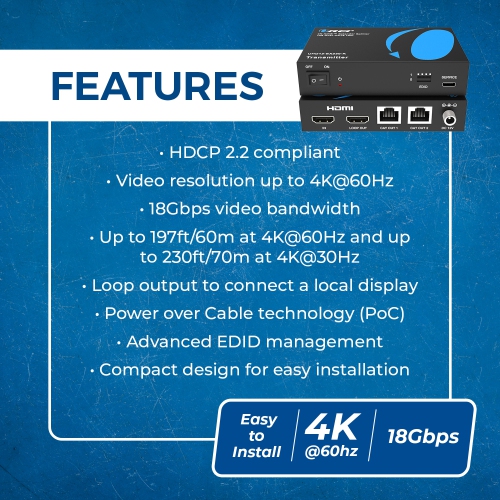 OREI 4K@60hz 1x2 HDMI™ Extender Splitter - 230ft (Cat6) - (UHD12-EX230-K)