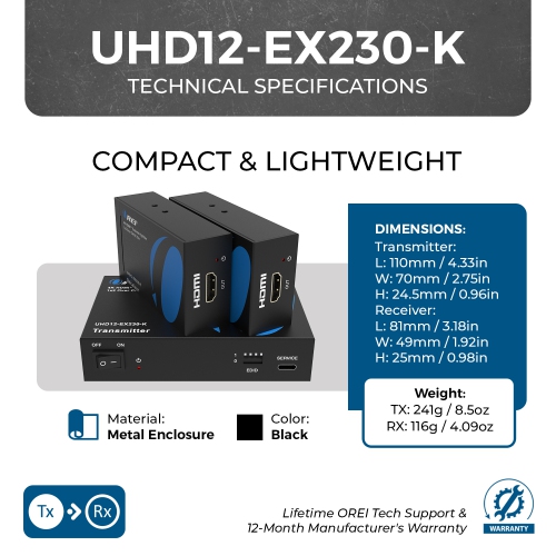 OREI 4K@60hz 1x2 HDMI™ Extender Splitter - 230ft (Cat6) - (UHD12-EX230-K)