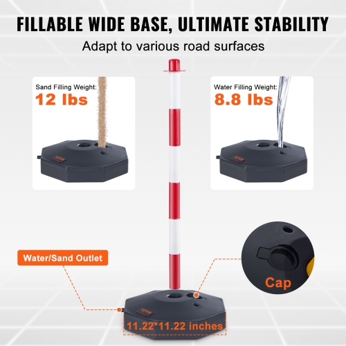 VEVOR 4 Pack Adjustable Traffic Delineator Post Cones,Traffic Safety Delineator Barrier with Fillable Base 8FT Chain, for Traffic Control Warning