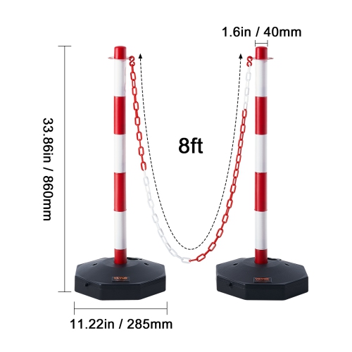 VEVOR 4 Pack Adjustable Traffic Delineator Post Cones,Traffic Safety Delineator Barrier with Fillable Base 8FT Chain, for Traffic Control Warning