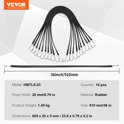 VEVOR 10 Piece Flat Bungee Cord, 20 mm Heavy Duty Bungee Straps with Steel S-Hooks, 36" Elastic Bungee Rope for Cargo, Tarps, Trucks and Tent, Black