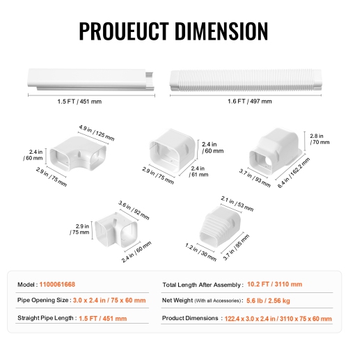 VEVOR 3-inch X 10 Ft Mini Split Line Set Cover , PVC Decorative Pipe Line Cover For Air Conditioner with 5 Straight Ducts & Full Components Easy to