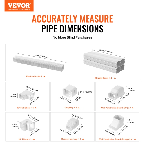 VEVOR 3-inch W 17.6Ft Mini Split Line Set Cover , PVC Decorative Pipe Line Cover For Air Conditioner with 4 Straight Ducts & Full Components Easy to