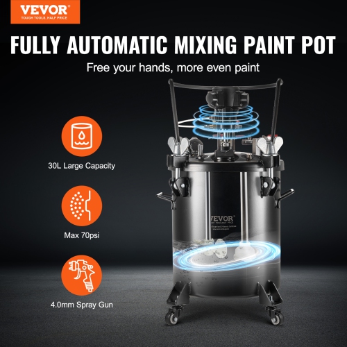 VEVOR 30 L/7.5 gal Spray Paint Pressure Pot, Fully Automatic Stirring Pressure Pot Tank, 70 psi Adjustable Pressure, Pressure Pot Paint Tank with