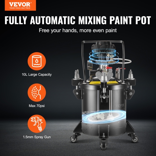 VEVOR 10 L/2.5 gal Spray Paint Pressure Pot, Fully Automatic Stirring Pressure Pot Tank, 70 psi Adjustable Pressure, Pressure Pot Paint Tank with