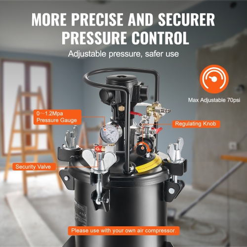 VEVOR 10 L/2.5 gal Spray Paint Pressure Pot, Fully Automatic Stirring Pressure Pot Tank, 70 psi Adjustable Pressure, Pressure Pot Paint Tank with