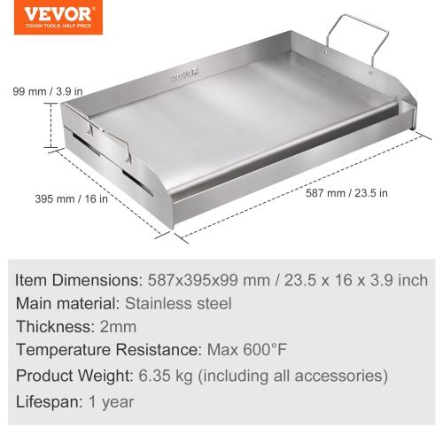 VEVOR 23.5"x16" Stove Top Griddle, Pre-Seasoned Stainless Steel Griddle, Rectangular Double Burner Griddle Pan, Non-Stick Family Pan Cookware with