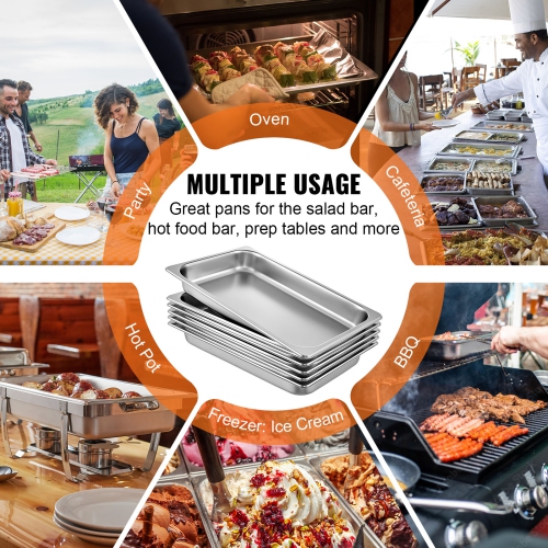 VEVOR 6 Pack Steam Table Pans 20.9 x 12.8 x 2.6 Inch Deep Steam Table Pan Full Size 8.5L Deep Food Container Stainless Steel Oven Tray Hotel Pans