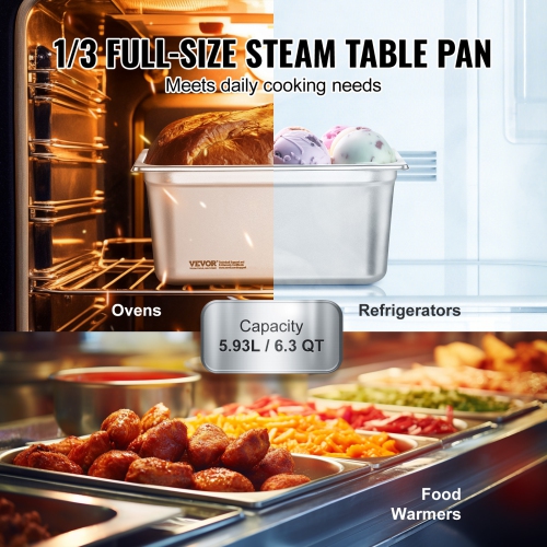 VEVOR 8 Pack Hotel Pans, 1/3 Size Anti-Jam Steam Pan with Lid, 0.8mm Thick Stainless Steel Steam Table Pan, 6-Inch Deep Commercial Table Pan,