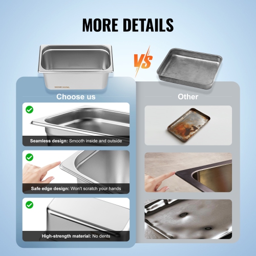 VEVOR 8 Pack Hotel Pans, 1/3 Size Anti-Jam Steam Pan with Lid, 0.8mm Thick Stainless Steel Steam Table Pan, 6-Inch Deep Commercial Table Pan,