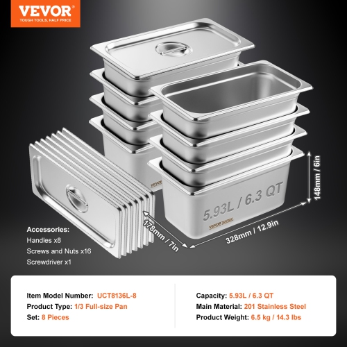 VEVOR 8 Pack Hotel Pans, 1/3 Size Anti-Jam Steam Pan with Lid, 0.8mm Thick Stainless Steel Steam Table Pan, 6-Inch Deep Commercial Table Pan,