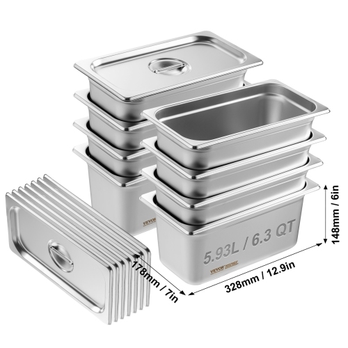 VEVOR 8 Pack Hotel Pans, 1/3 Size Anti-Jam Steam Pan with Lid, 0.8mm Thick Stainless Steel Steam Table Pan, 6-Inch Deep Commercial Table Pan,