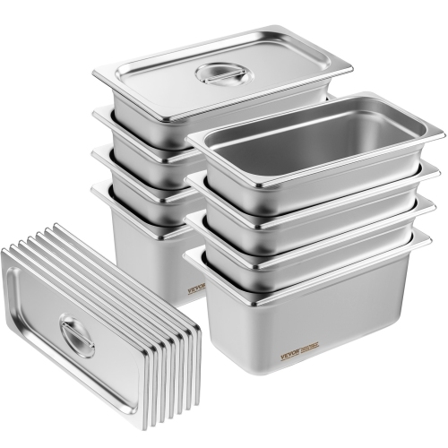 VEVOR 8 Pack Hotel Pans, 1/3 Size Anti-Jam Steam Pan with Lid, 0.8mm Thick Stainless Steel Steam Table Pan, 6-Inch Deep Commercial Table Pan,