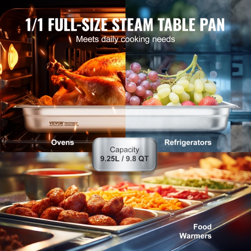 VEVOR 6 Pack Hotel Pans, Full Size Anti-Jam Steam Pan, 0.8mm Thick Stainless Steel Restaurant Steam Table Pan, 2.5-Inch Deep Commercial Table Pan,