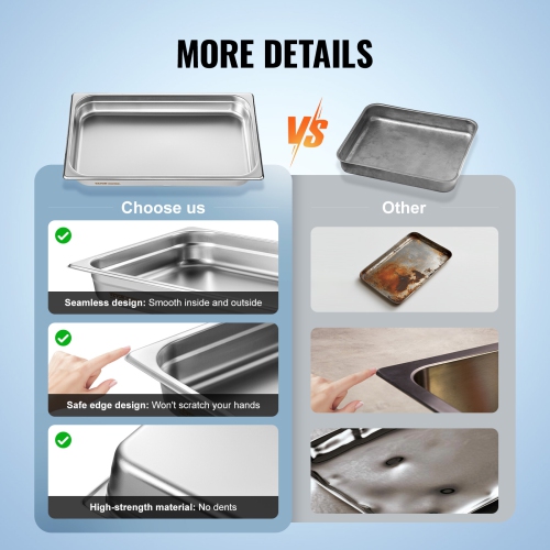 VEVOR 6 Pack Hotel Pans, Full Size Anti-Jam Steam Pan, 0.8mm Thick Stainless Steel Restaurant Steam Table Pan, 2.5-Inch Deep Commercial Table Pan,