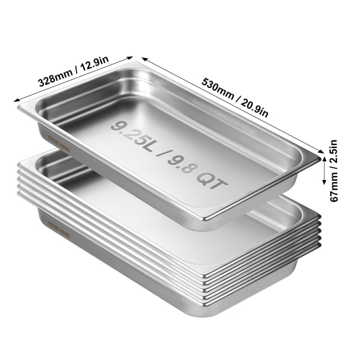 VEVOR 6 Pack Hotel Pans, Full Size Anti-Jam Steam Pan, 0.8mm Thick Stainless Steel Restaurant Steam Table Pan, 2.5-Inch Deep Commercial Table Pan,