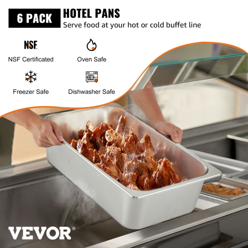 VEVOR 6 Pack Steam Table Pans 20.9 x 12.8 x 5.9 Inch Deep Steam Table Pan Full Size 20.5L Deep Food Container Stainless Steel Oven Tray Hotel Pans