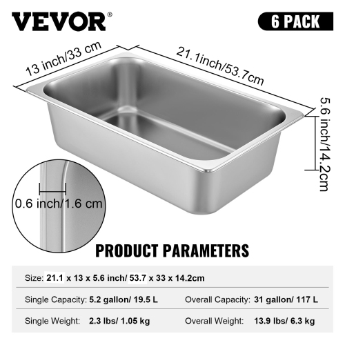 VEVOR 6 Pack Steam Table Pans 20.9 x 12.8 x 5.9 Inch Deep Steam Table Pan Full Size 20.5L Deep Food Container Stainless Steel Oven Tray Hotel Pans