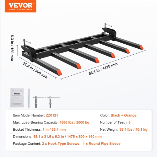 VEVOR 60" Clamp on Debris Forks to Bucket, 4560 lbs Capacity Clamp on Pallet Forks Bucket, Fit for Loader Bucket Skidsteer Tractor to Clean up Fallen