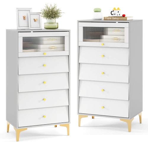 Gymax 2 PCS 4 Drawer Dresser 44.5'' Tall Dresser Chest of Drawers w/Flip-up Fluted Glass Door