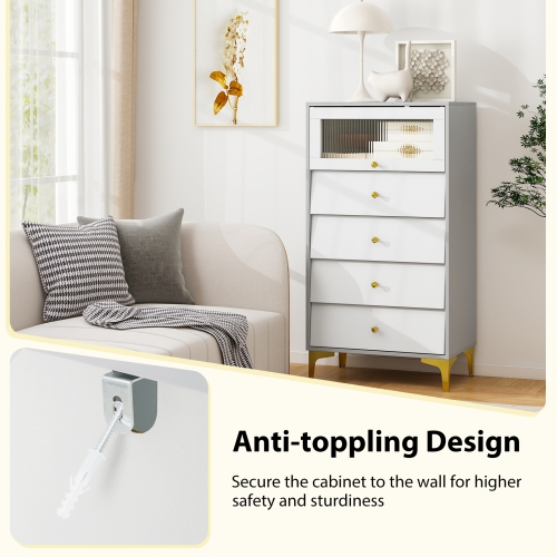 Gymax 2 PCS 4 Drawer Dresser 44.5'' Tall Dresser Chest of Drawers w/Flip-up Fluted Glass Door