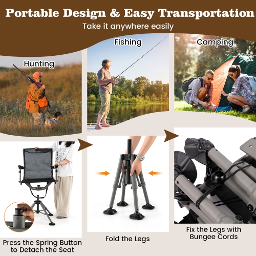 Gymax Portable Hunting Chair w/360° Swivel Adjustable Legs & Armrests Gun Holder
