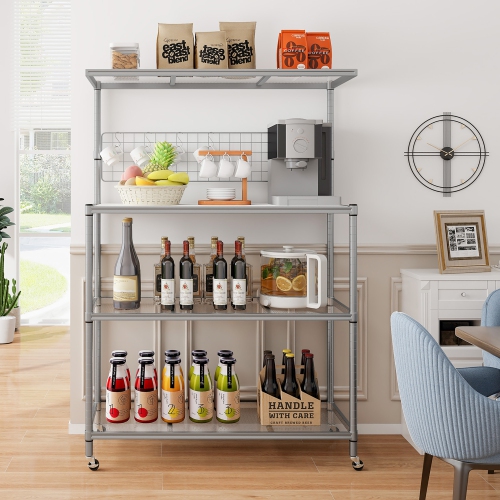 Gymax 4-Tier Coffee Bar Table w/Adjustable Shelves S Hooks Hanging Net & Shelf Liner