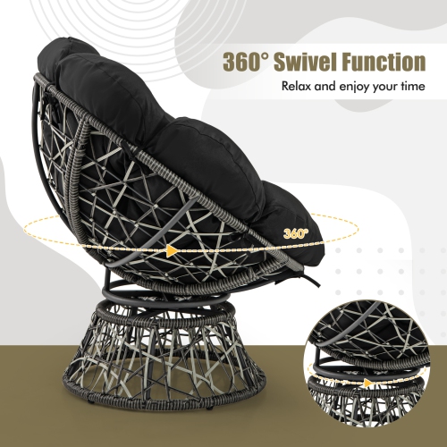 Gymax PE Wicker Papasan Chair 360° Swivel Living Room Chair w/ Thick & Removable Cushion