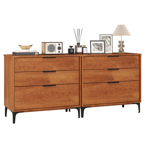 GYMAX  2PCs 3-Drawer Dresser W/ Metal Support Legs & Anti-Tipping Kit for Bedroom Cherry