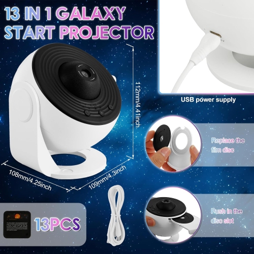 star projector, silent star projector with 13 film discs, compact star projector, galaxy light, adjustable focus, nebula, galaxy light for kids,