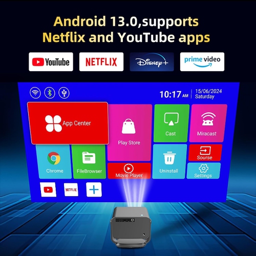 Smart projector with WiFi 6 and Bluetooth, outdoor movie projector, 1080p auto focus ceiling projector