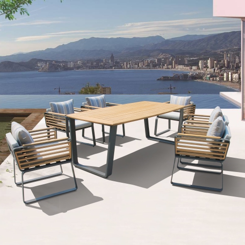 Deko Living 6 Place Seating Palazzolo Outdoor Teak Patio Dining Table Set and Cushioned Chairs