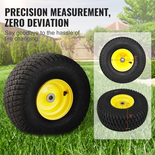 VEVOR 15x6-6" Lawn Mower Tires with Rim, Tubeless, 2-Pack Tire and Wheel Assembly, S-Turf Pneumatic Tires, 3" Offset Hub,3/4" Bushing,16 PCS Adapters