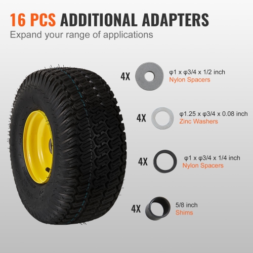 VEVOR 15x6-6" Lawn Mower Tires with Rim, Tubeless, 2-Pack Tire and Wheel Assembly, S-Turf Pneumatic Tires, 3" Offset Hub,3/4" Bushing,16 PCS Adapters