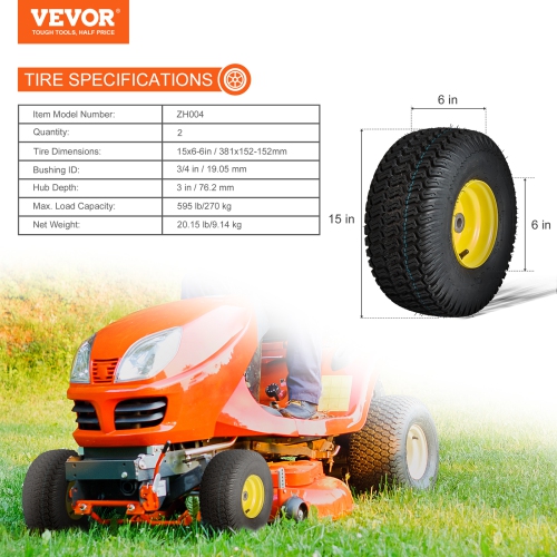 VEVOR 15x6-6" Lawn Mower Tires with Rim, Tubeless, 2-Pack Tire and Wheel Assembly, S-Turf Pneumatic Tires, 3" Offset Hub,3/4" Bushing,16 PCS Adapters