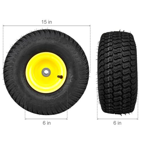 VEVOR 15x6-6" Lawn Mower Tires with Rim, Tubeless, 2-Pack Tire and Wheel Assembly, S-Turf Pneumatic Tires, 3" Offset Hub,3/4" Bushing,16 PCS Adapters