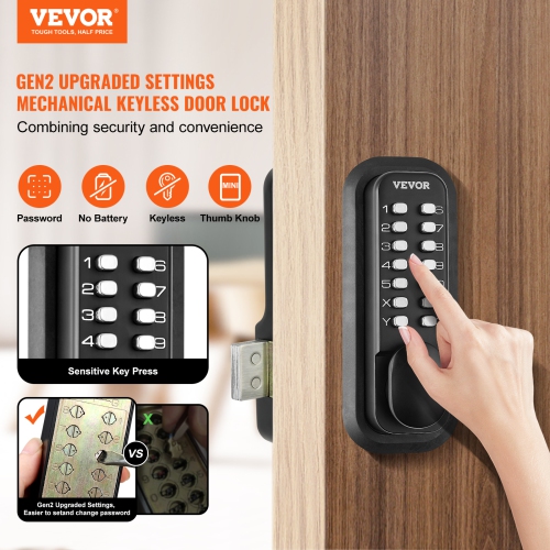 VEVOR 14 Digit Keypad, Mechanical Keyless Entry Door Lock, Water-proof Zinc Alloy, Outdoor Gate Door Locks Set with Surface-mounted Latch, Keypad and