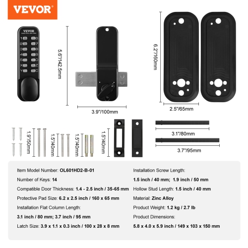 VEVOR 14 Digit Keypad, Mechanical Keyless Entry Door Lock, Water-proof Zinc Alloy, Outdoor Gate Door Locks Set with Surface-mounted Latch, Keypad and