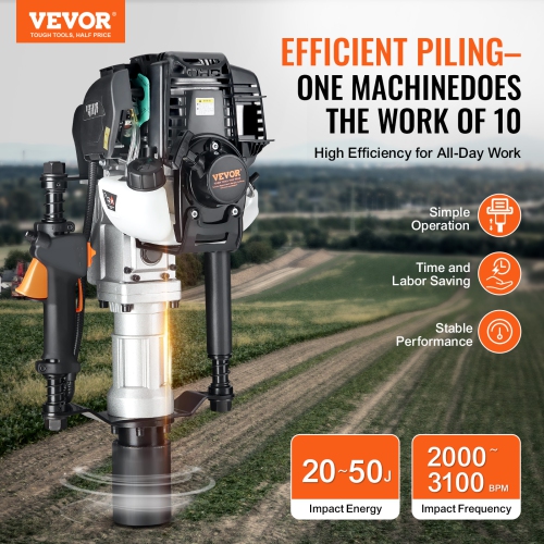 VEVOR 37.77cc Gas-Powered T Post Driver, 4-Stroke Engine Gasoline Fence Piling Pounder, with 2 Post Driving Head(55/70 mm) , 1000W Portable