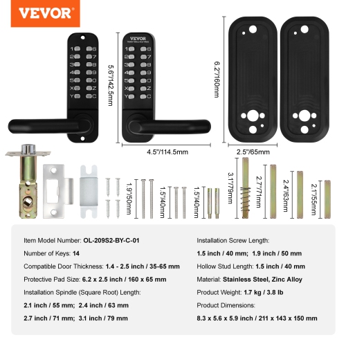 VEVOR 14 Digit Keypad, Mechanical Keyless Entry Door Lock, Water-proof Zinc Alloy, Double-sided Embedded Outdoor Gate Door Locks Set with Keypad and